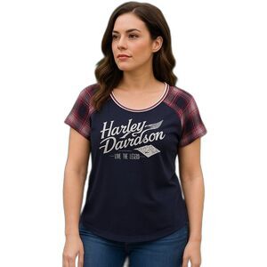 Harley-Davidson Medium Black Tee Red Black White Plaid Live the Legend Graphic